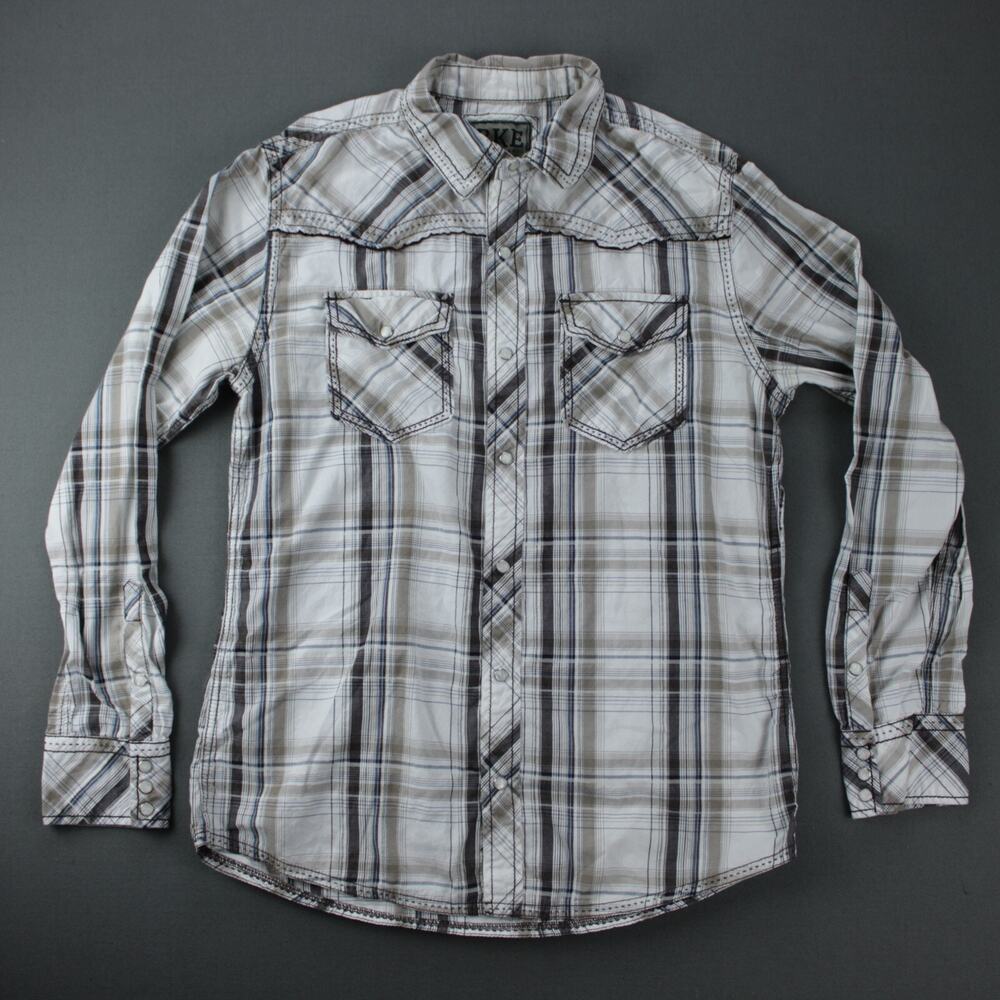 BKE Buckle Plaid Button Down Shirt Mens Medium Gray Cotton Long Sleeve